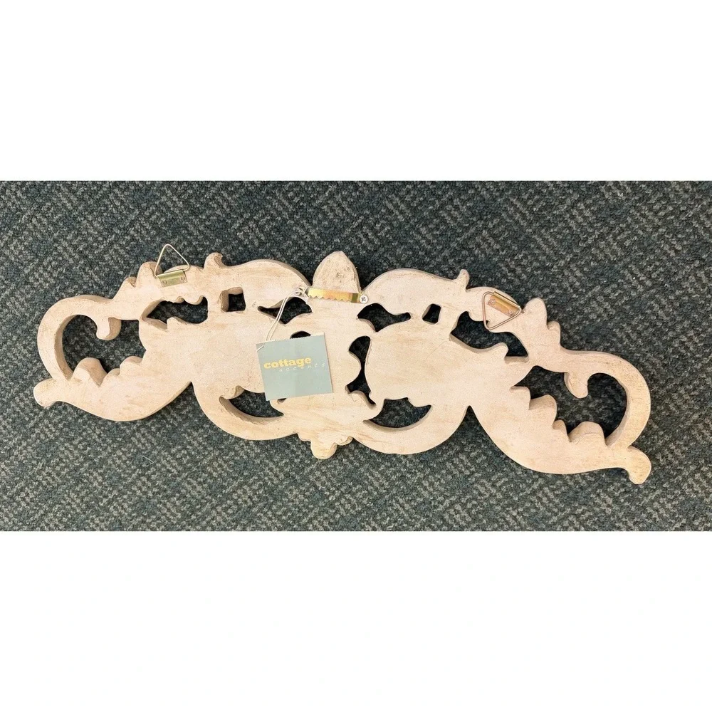 Vtg Cottage Core Ivory Wood Scroll Pediment Wall Decor Ornate Carved Applique